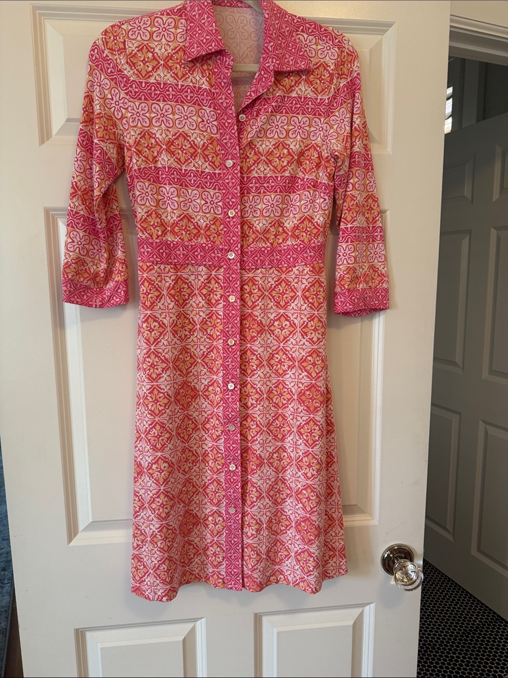 Pink Patterned Button-Front Midi Dress